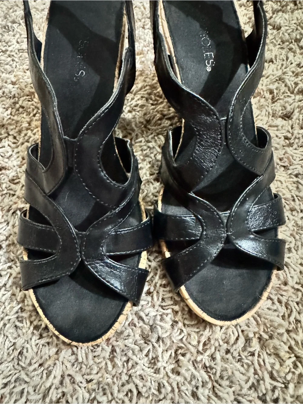 TWO AEROSOLES Women's Black Tan Wedge Strappy Sandals *Comfort Memory Foam*